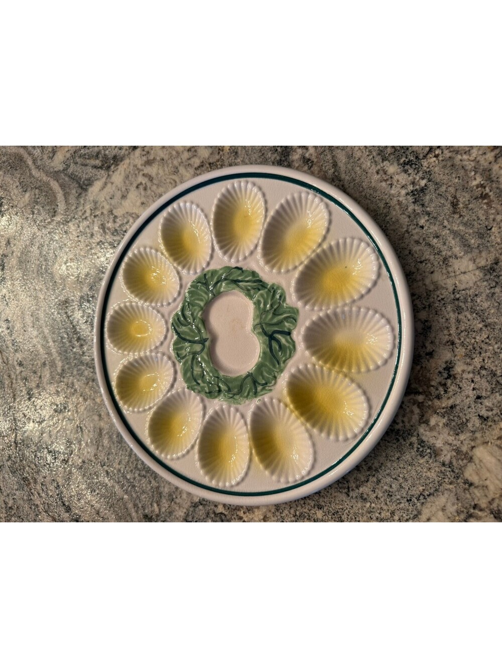 Vintage Ceramic Deviled Egg Serving Plate with Green Leaf Center
